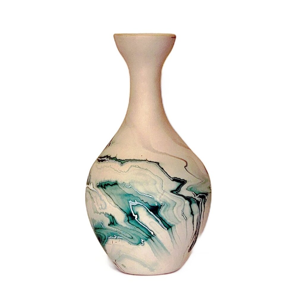 XL Mid Century Nemadji Ceramic Pottery Vase in Native Bisque Clay & Teal Green - Picture 4 of 7